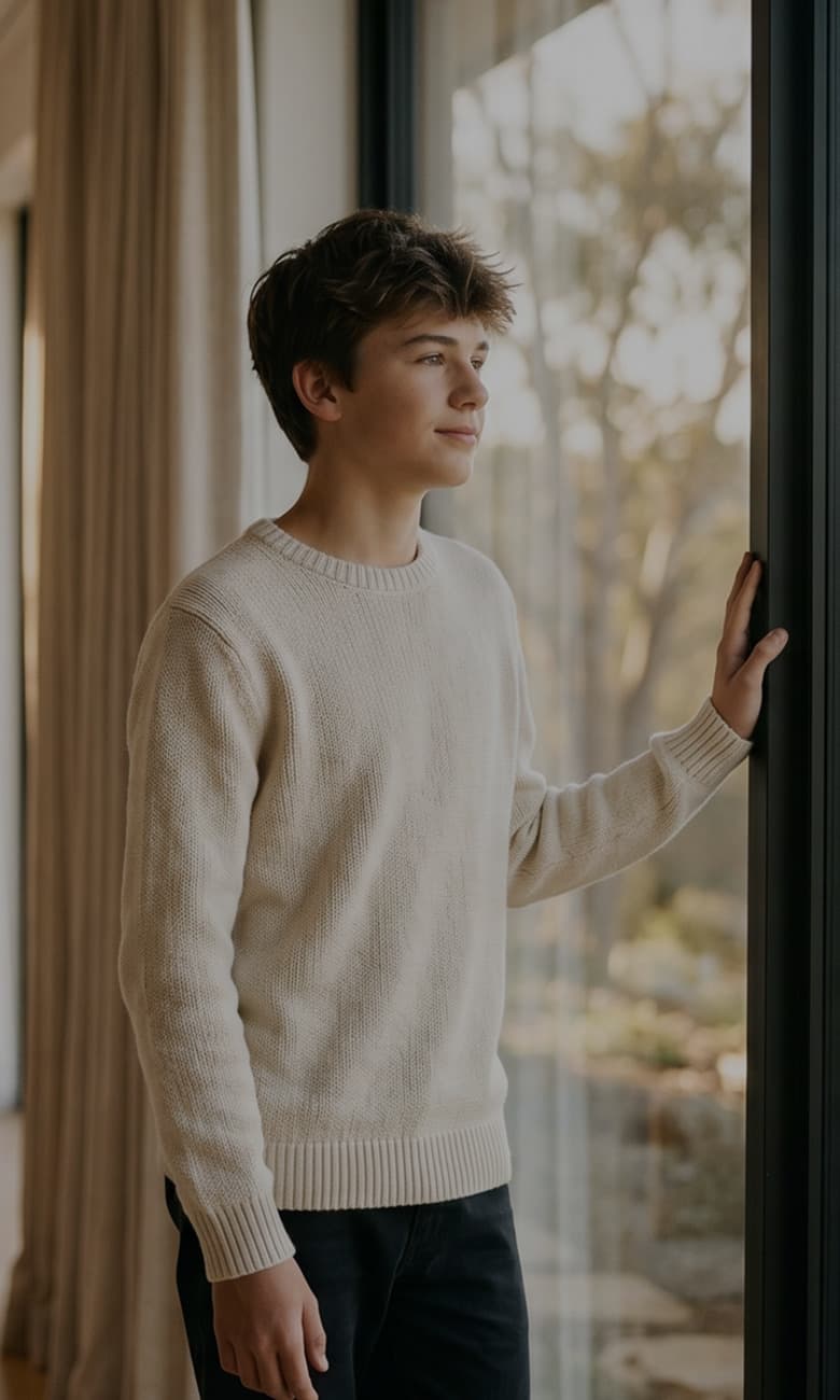 A young man standing by a sunlit window in a calm, light-filled room