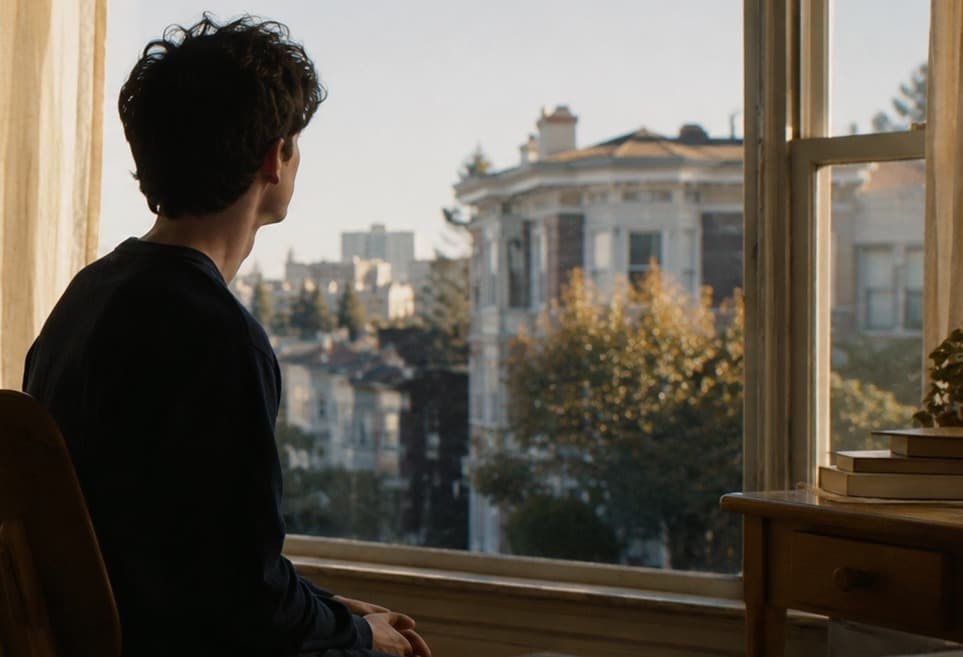 A young man sitting by a window looking out over a city